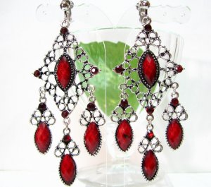 E1375 Exotic Red Rhinestone Clip On Earrings 8.5cm