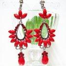 E1391 Hot Red Rhinestone Dangle Clip On Earrings 8cm