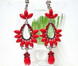 E1391 Hot Red Rhinestone Dangle Clip On Earrings 8cm