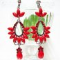 E1391 Hot Red Rhinestone Dangle Clip On Earrings 8cm