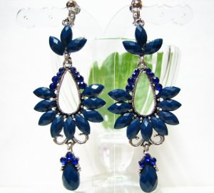 E1392 Exotic Blue Rhinestone Clip On Earrings 8cm