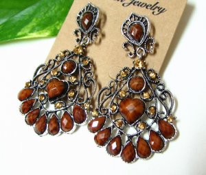 *FREE SHIPPING* E1398 Exotic Rhinestone Brown Clip On Earrings 7cm