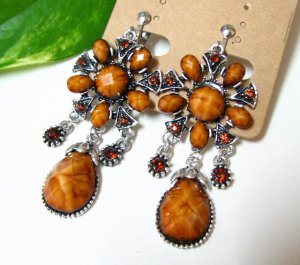 *FREE SHIPPING* E1601 RHINESTONE BROWN EXTOIC CLIP ON EARRINGS 6.5cm