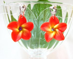 *FREE SHIPPING* E872 Ceramic Clay Orange Flowers Clip On Earrings 3.2cm