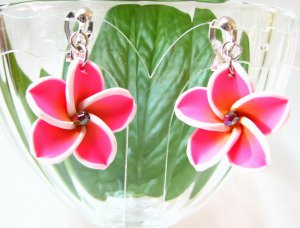 *FREE SHIPPING* E873 Ceramic Clay Pink Flowers Clip On Earrings 3.2cm