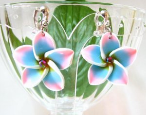 *FREE SHIPPING* E874 Ceramic Clay Blue Flowers Clip On Earrings 3.2cm