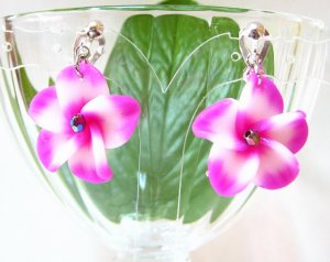 *FREE SHIPPING* E875 Ceramic Clay Pink Flowers Clip On Earrings 3.2cm