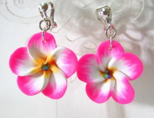 *FREE SHIPPING* E775 Ceramic Clay Pink Flowers Clip On Earrings 3.2cm.