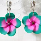 *FREE SHIPPING* E750 Ceramic Clay Green Floral Clip On Earrings 3.2cm