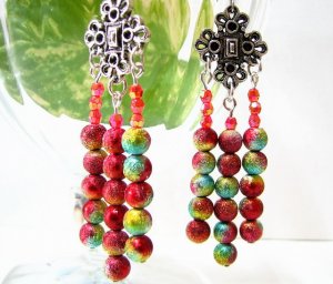 E359 Rainbow Dangle Exotic Clip On Earrings 7cm