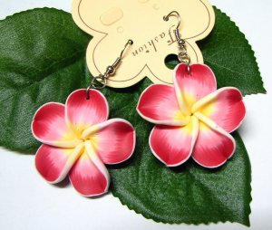 *FREE SHIPPING* E880 Ceramic Clay Red Flowers Hook Earrings 6cm