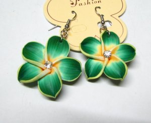 *FREE SHIPPING* E883 Ceramic Clay Green Flowers Hook Earrings 6cm