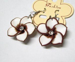 *FREE SHIPPING* E885 Brown & White Rhinestone Clay Hook Earrings 6cm