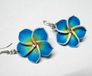 *FREE SHIPPING* HOOK EARRINGS E887 Ceramic Clay Blue Flower Hook Earrings 6cm
