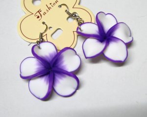 *FREE SHIPPING* HOOK EARRINGS E892 Purple & White Clay Flowers Hook Earrings 6cm