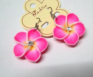 *FREE SHIPPING* HOOK EARRINGS E893 Pink Ceramic Clay Flowers Hook Earrings 6cm