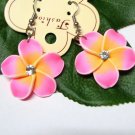*FREE SHIPPING*E898 Rhinestone Ceramic Clay Pink Flowers Hook Earrings 6cm