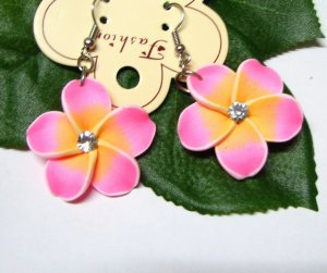 *FREE SHIPPING*E898 Rhinestone Ceramic Clay Pink Flowers Hook Earrings 6cm