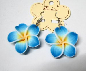 *FREE SHIPPING* E895 Ceramic Clay Blue Flowers Hook Earrings 6cm