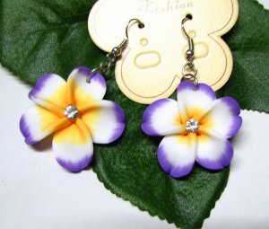 *FREE SHIPPING* E900 Clay Purple Flowers Rhinestone Hook Earrings 6cm