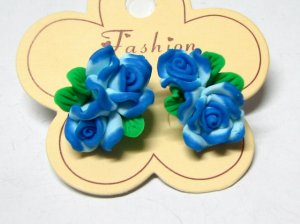 *FREE SHIPPING* STUD EARRINGS E901F Ceramic Clay Blue Rose Stud Earrings 2.5cm