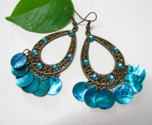 *FREE SHIPPING* Hook Earrings E424 Dangle Blue Shell Rhinestone Hook Earrings 7.5cm