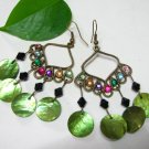 *FREE SHIPPING* Hook Earrings E425 Green Shell Rainbow Rhinestone Hook Earrings 7.5cm