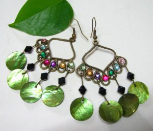 *FREE SHIPPING* Hook Earrings E425 Green Shell Rainbow Rhinestone Hook Earrings 7.5cm