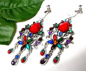 *FREE SHIPPING *E1688 Rhinestone Exotic Colorful Clip On Earrings 8cm