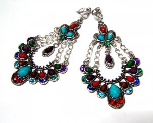 *FREE SHIPPING *E1682 Colorful Dangle Floral Clip On Earrings 8cm cOOl!!