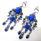 *FREE SHIPPING *E1681 Beautiful Blue Dangle Floral Clip On Earrings 8cm