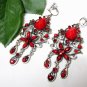 *FREE SHIPPING *E1680 Beautiful Red Floral Dangle Clip On Earrings 8cm