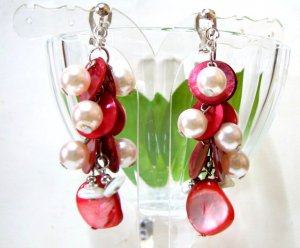 *FREE SHIPPING* E439 Pink Shell Dangle Clip On Earrings 6cm Charming!