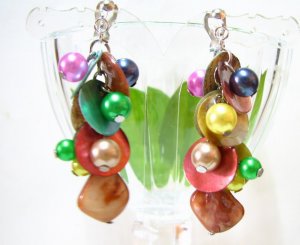 *FREE SHIPPING* E442 Colorful Shell & Beads Dangle Clip On Earrings 6cm