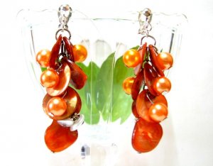 *FREE SHIPPING* E445 Shell & Beads Orange Dangle Clip On Earrings 6cm