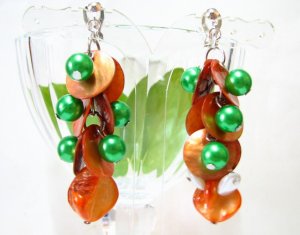 *FREE SHIPPING*E448 Orange & Green Shell Clip On Earrings 6cm cOOl!!