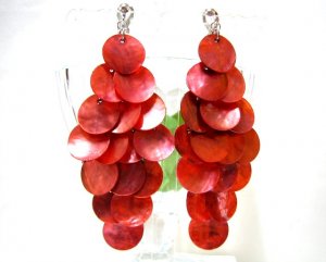 *FREE SHIPPING* E419 Charming Red Shell Dangle Clip On Earrings 8.5cm
