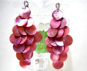 *FREE SHIPPING* E422 Beautiful Pink Shell Dangle Clip On Earrings 8.5cm