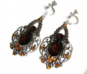 *FREE SHIPPING*E1741 Brown Rhinestone Dangle Clip On Earrings 7cm Charming!