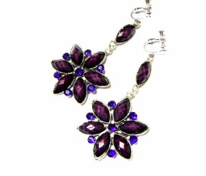 *FREE SHIPPING*E1737 Purple Rhinestone Floral Dangle Clip On Earrings 8cm beautiful!