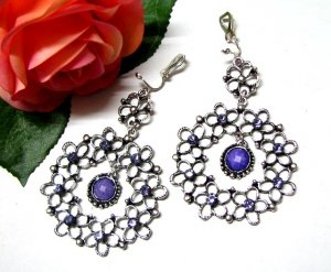 *FREE SHIPPING*E1735 Rhinestone Purple Dangle Clip On Earrings 7cm Exotic Jewelry