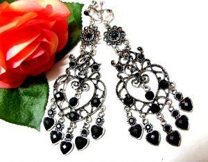 *FREE SHIPPING*E1732 Rhinestone Dangle black Exotic Jewelry Clip On Earrings 10.5cm Huge!