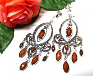 *FREE SHIPPING*E1729 Rhinestone Dangle Brown Exotic Jewelry Clip On Earrings 10cm cOOl!!