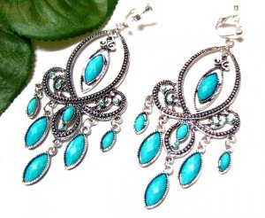 *FREE SHIPPING*E1728 Rhinestone Dangle Blue Exotic Jewelry Clip On Earrings 10cm gorgeous!Huge!