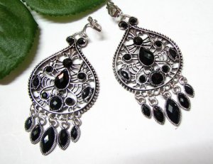 *FREE SHIPPING*E1724 Rhinestone Dangle Black Clip On Earrings 7cm cOOl!!