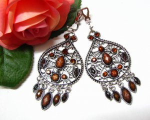 *FREE SHIPPING*E1723 Brown Rhinestone Dangle Clip On Earrings 7cm Charming!!