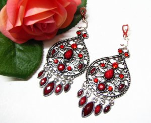 *FREE SHIPPING*E1722 Rhinestone Dangle Red Clip On Earrings 7cm Charming!!