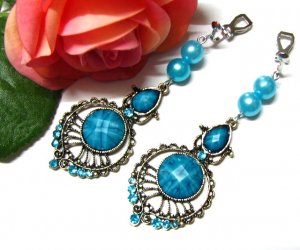 *FREE SHIPPING*E1718 Rhinestone Dangle Blue Clip On Earrings 7cm