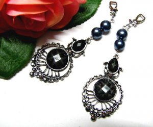 *FREE SHIPPING*E1708 Exotic Rhinestone Dangle Black Clip On Earrings 7cm