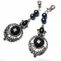 *FREE SHIPPING*E1708 Exotic Rhinestone Dangle Black Clip On Earrings 7cm